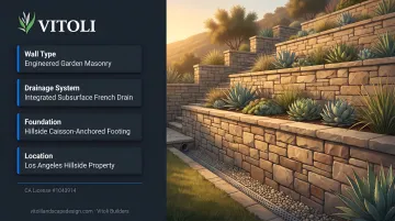 Vitoli Builders masonry garden wall with integrated drainage on hillside Los Angeles property