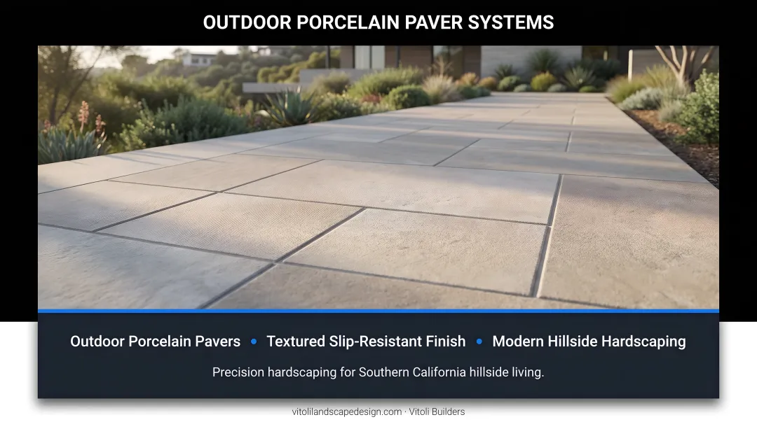 Outdoor porcelain paver walkway on modern home with textured slip-resistant finish