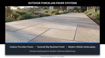 Outdoor porcelain paver walkway on modern home with textured slip-resistant finish