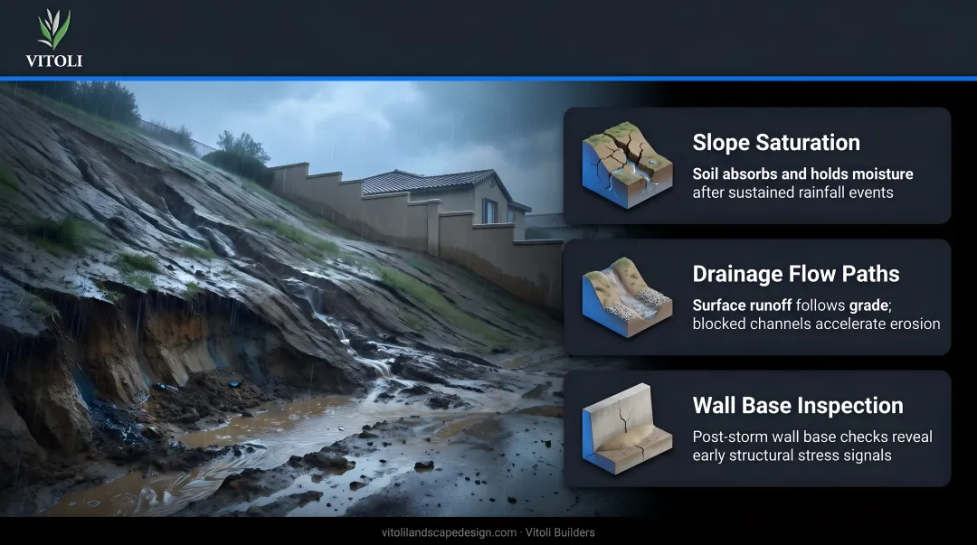 Homeowner inspecting hillside yard slope and drainage after heavy rainfall event