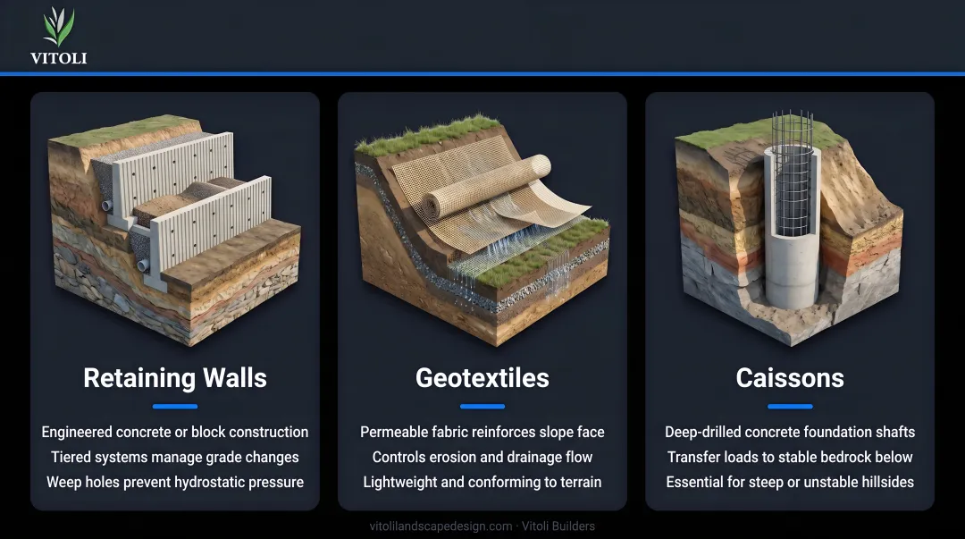 Three engineered hillside slope stabilization solutions retaining walls geotextiles and caissons