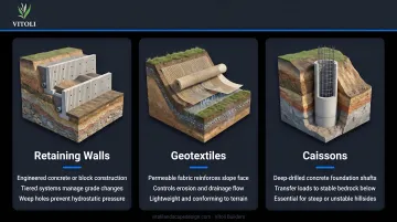 Three engineered hillside slope stabilization solutions retaining walls geotextiles and caissons