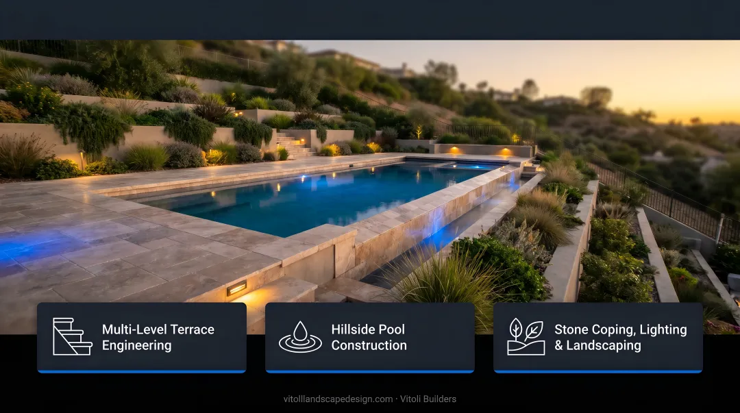 Completed multi-level hillside pool terrace with stone coping lighting and landscaping
