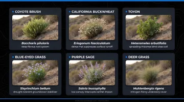 Native ground cover plants stabilizing Southern California hillside slope erosion control