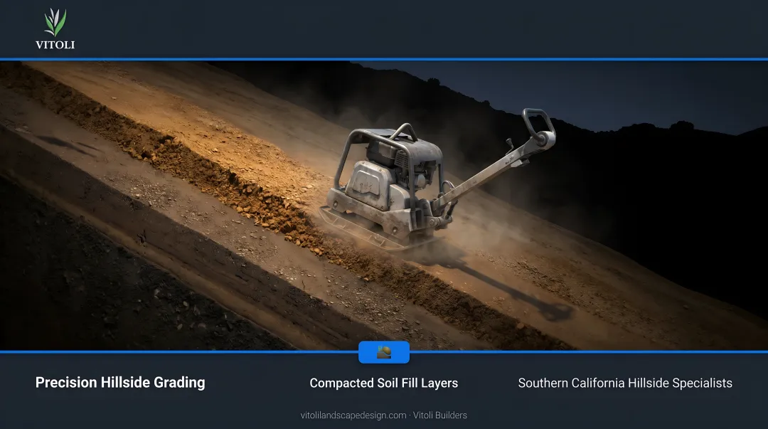 Plate compactor compacting soil fill layers on hillside grading project