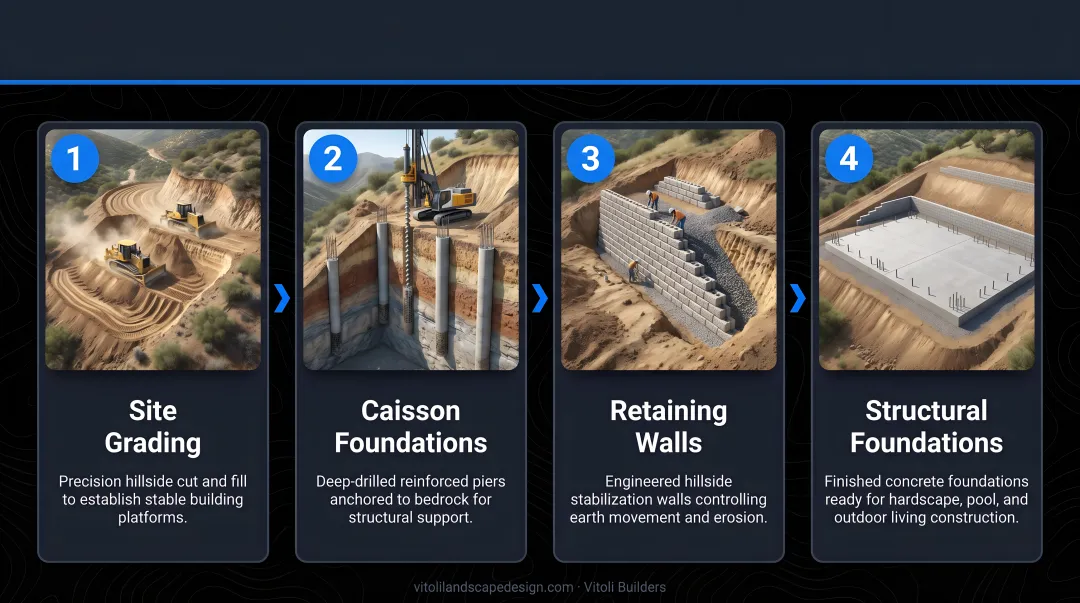 Four-step hillside outdoor construction engineering sequence from grading to foundations