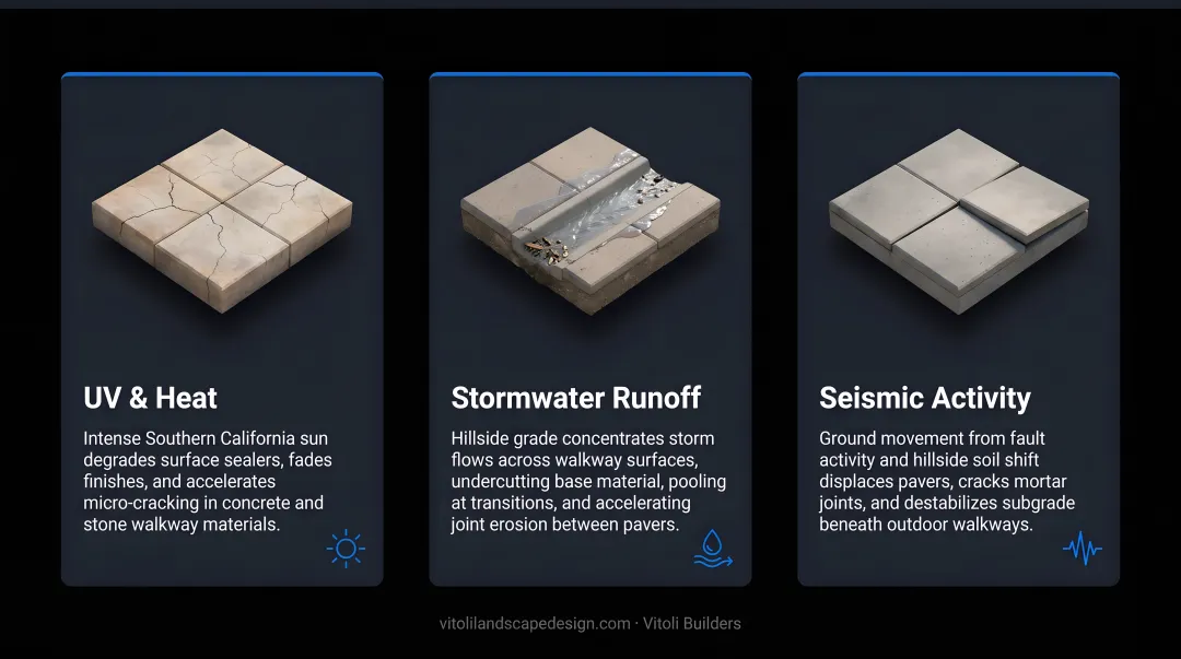 Three LA walkway stress factors UV heat stormwater and seismic activity breakdown