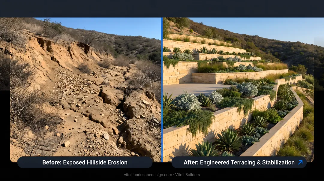 Bare Southern California hillside showing active erosion and exposed soil