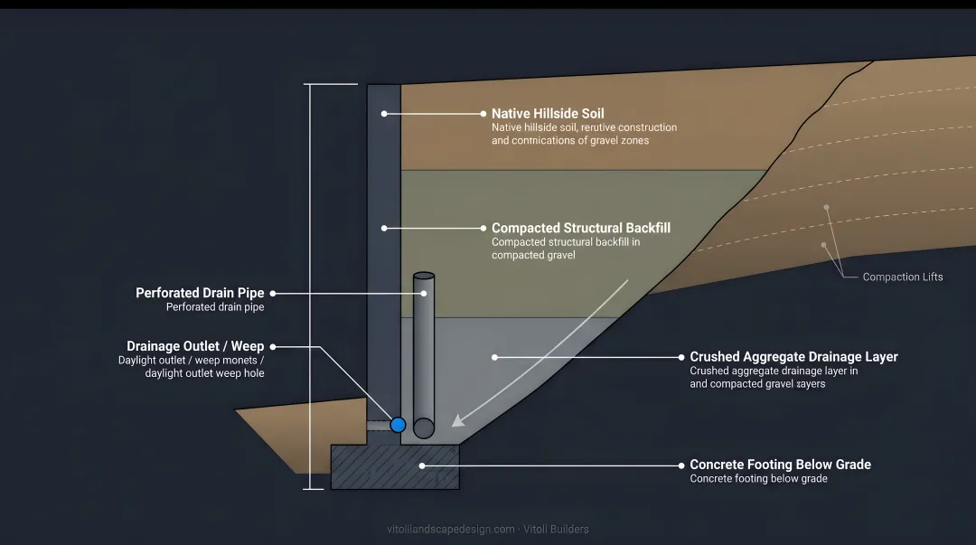 Retaining wall drainage zone and backfill compaction layers cross-section diagram
