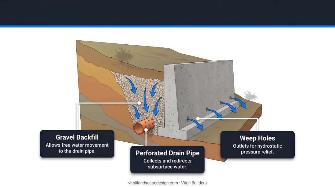Three core retaining wall drainage system components diagram with cross-section view