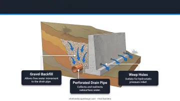 Three core retaining wall drainage system components diagram with cross-section view