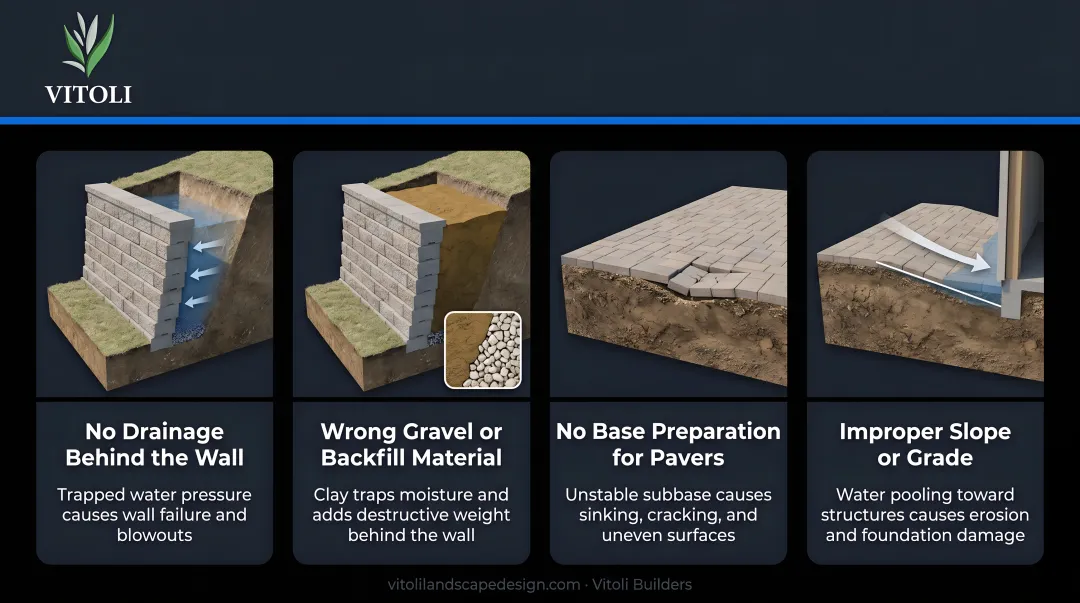 Four common retaining wall and paver patio mistakes to avoid illustrated comparison