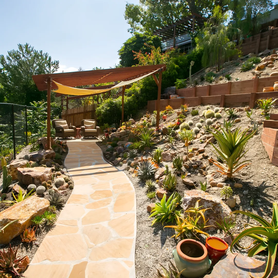 Engineered hillside landscape with retaining walls and terraces