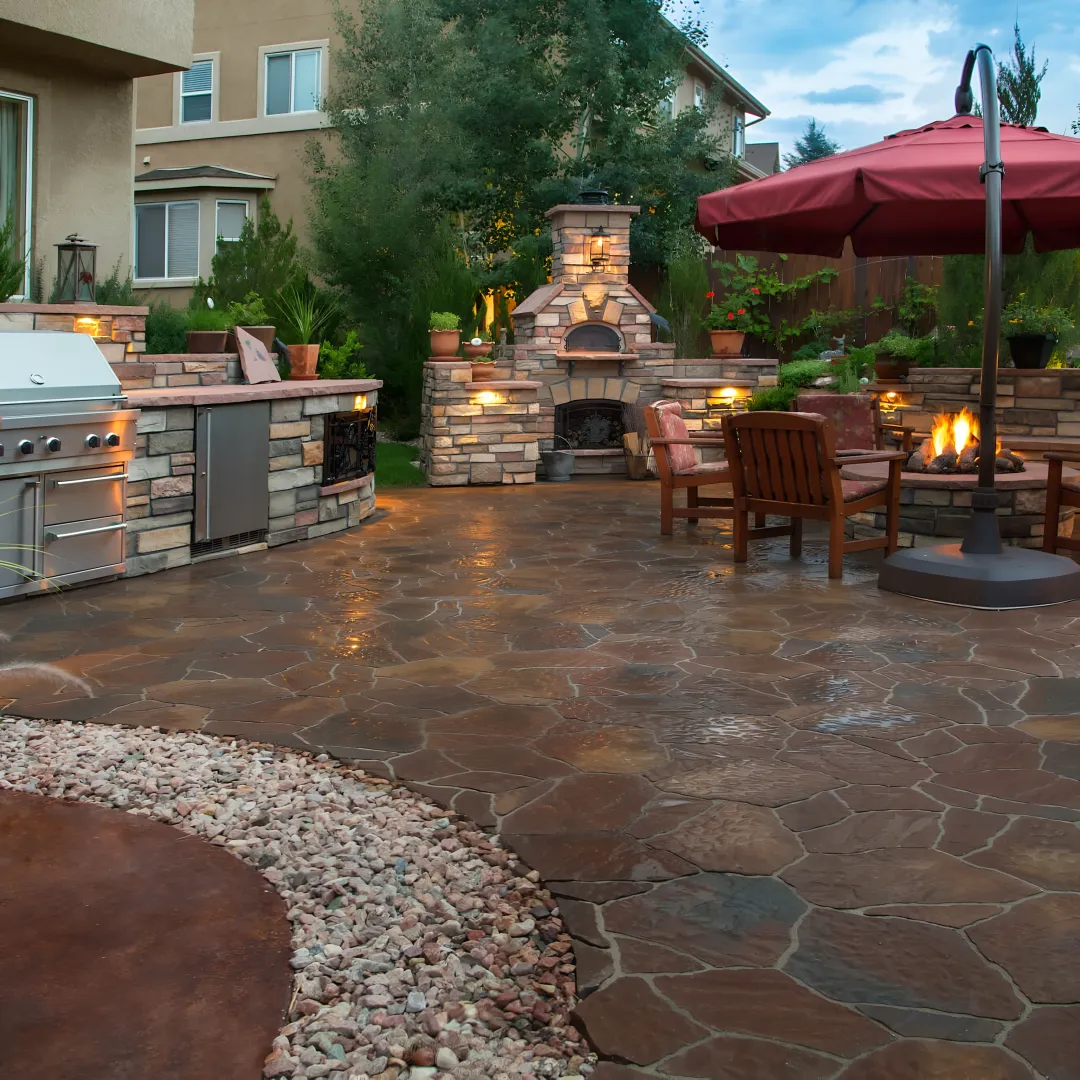 Luxury hillside outdoor living space with terraces