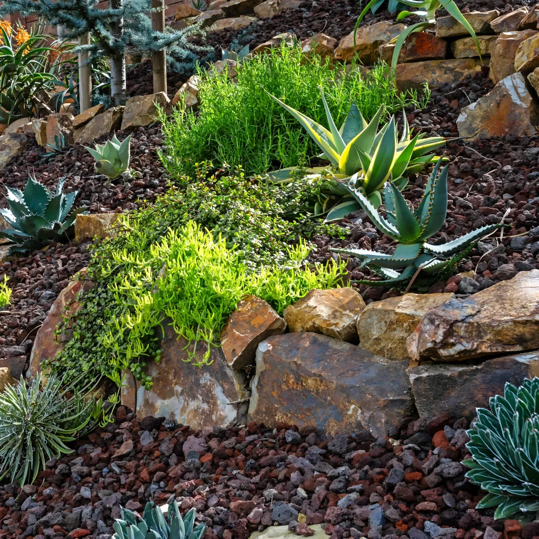 Landscaped hillside patio with concrete masonry walls