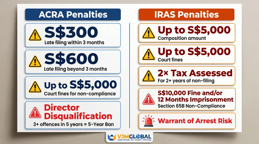 Singapore non-compliance penalties ACRA IRAS fines director disqualification consequences breakdown