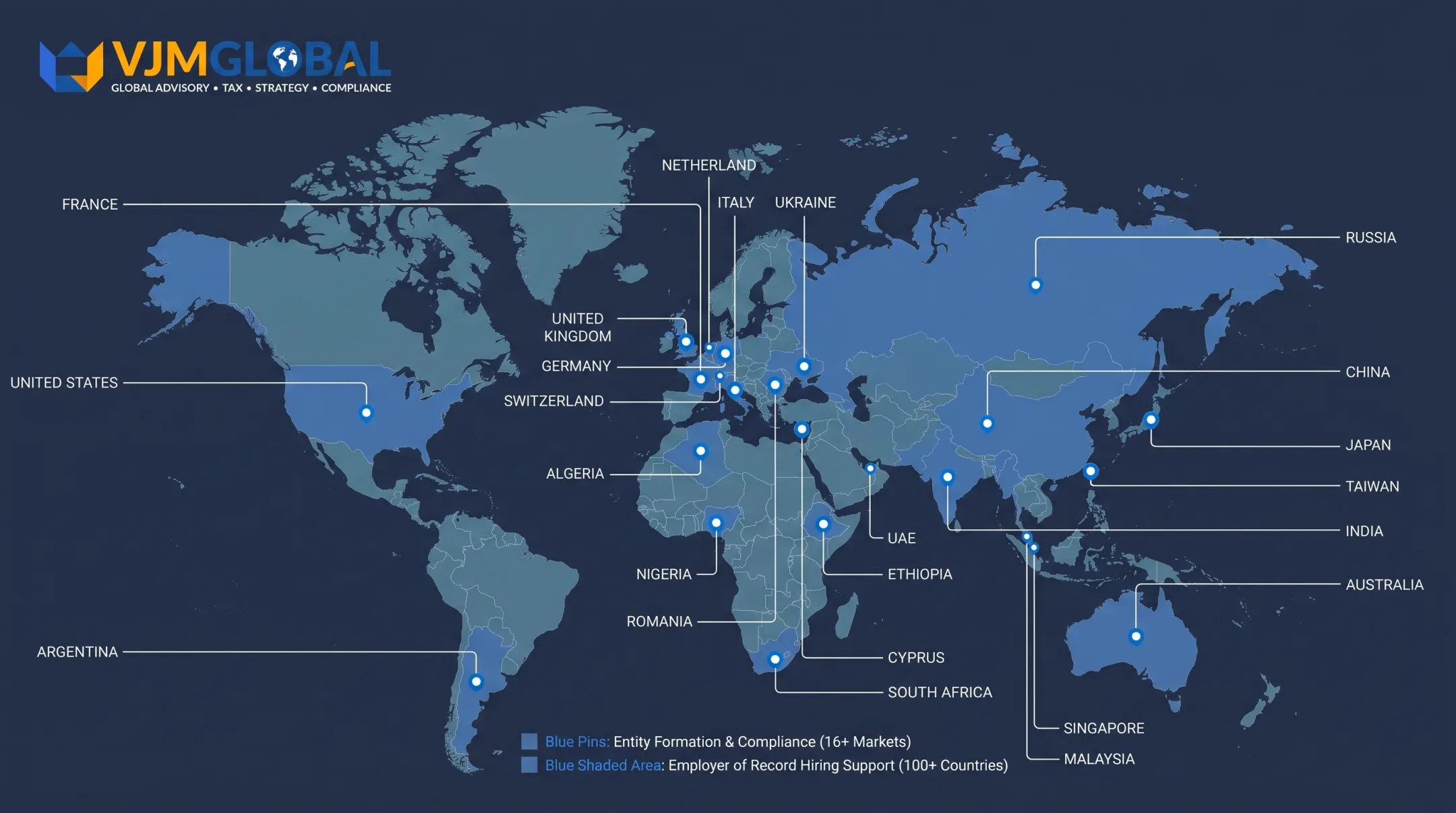 World map highlighting VJM Global entity formation and EOR coverage countries