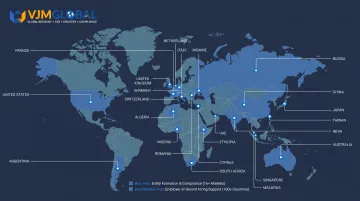 World map highlighting VJM Global entity formation and EOR coverage countries