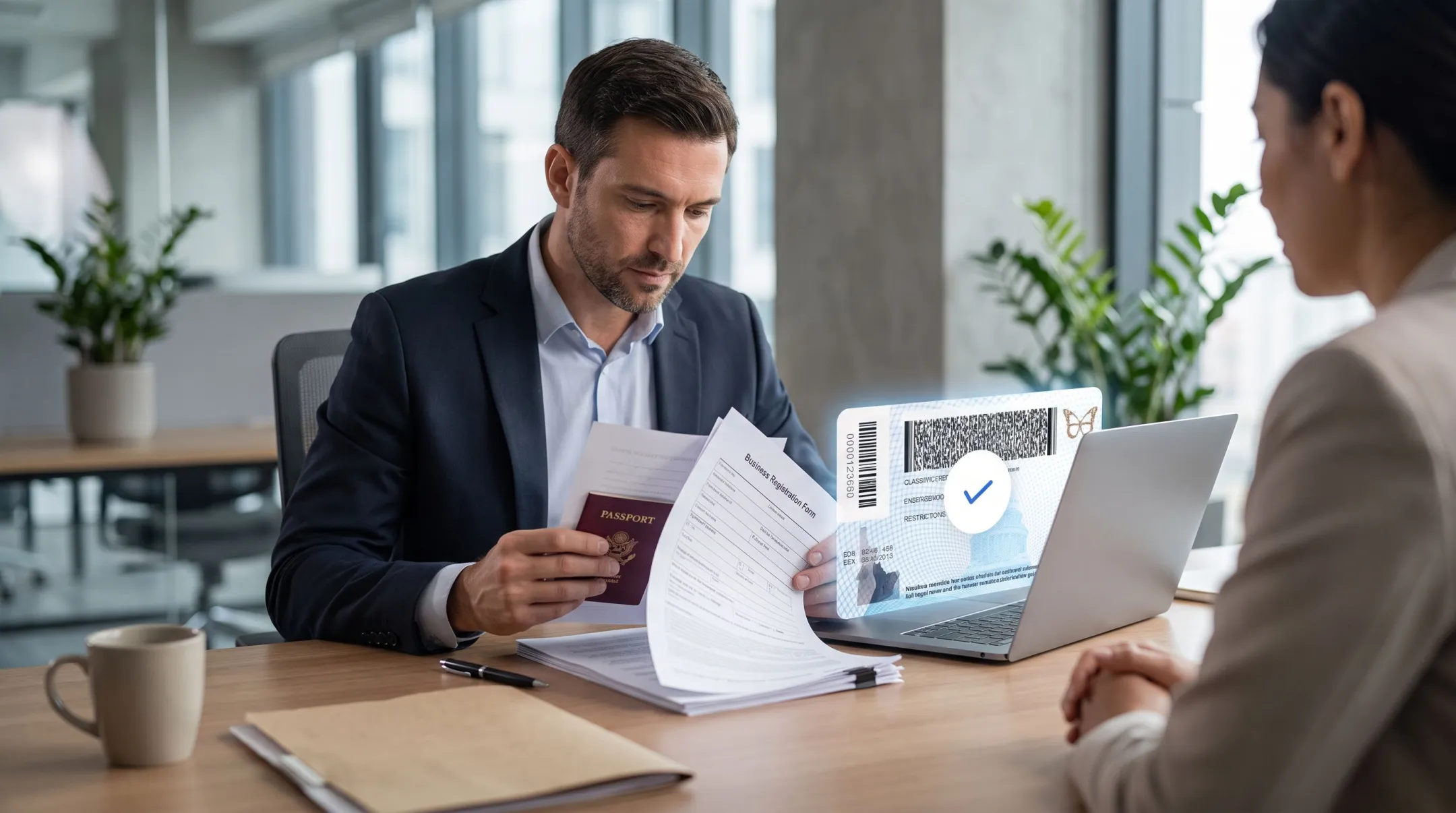 Bank representative reviewing KYC documents for international client onboarding