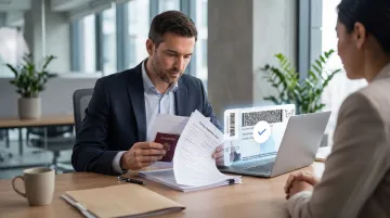 Bank representative reviewing KYC documents for international client onboarding