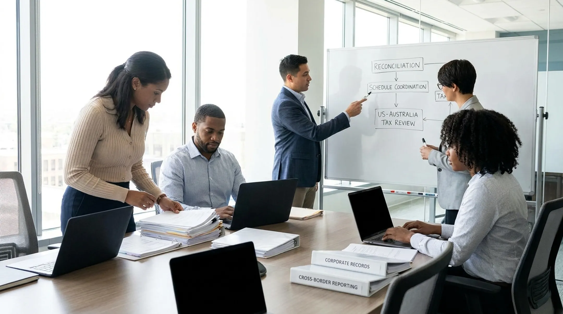 Tax professionals reviewing cross-border Form 1120 compliance documents