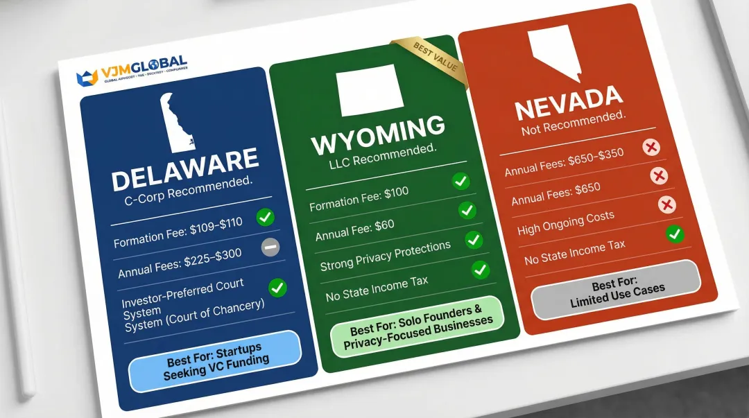 Delaware Wyoming Nevada LLC C-Corp state comparison infographic for nonresident founders
