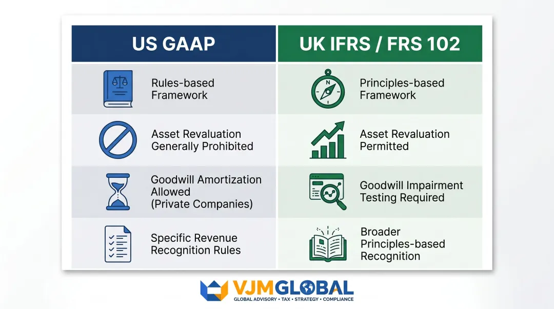US GAAP versus UK IFRS FRS 102 key accounting differences side-by-side comparison