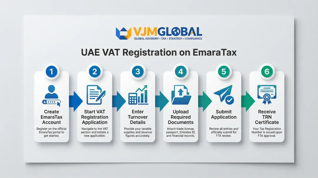 6-step UAE VAT registration process flow on EmaraTax portal