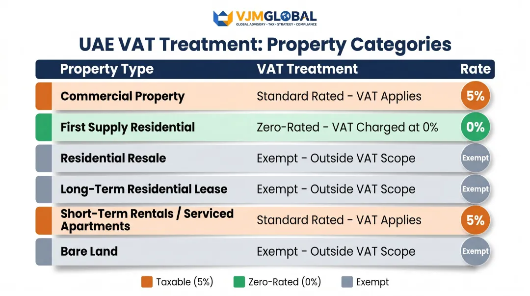 UAE real estate VAT treatment comparison table by property type and rate