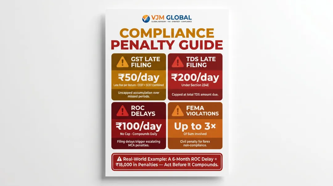 India compliance penalty costs breakdown GST TDS ROC FEMA violation fees infographic