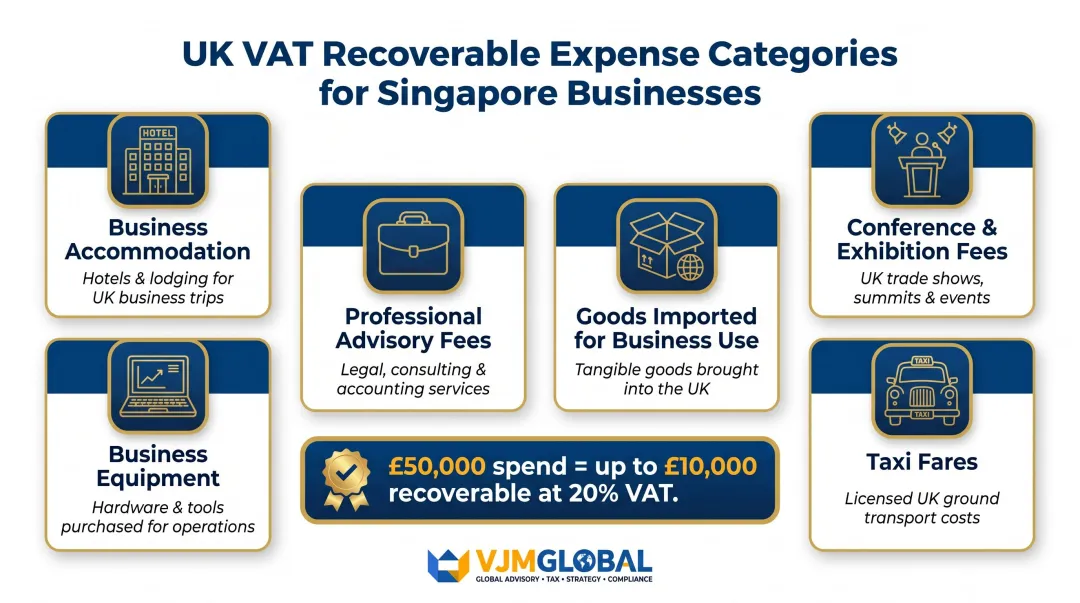 Singapore business qualifying UK VAT expenses categories and recovery amounts infographic