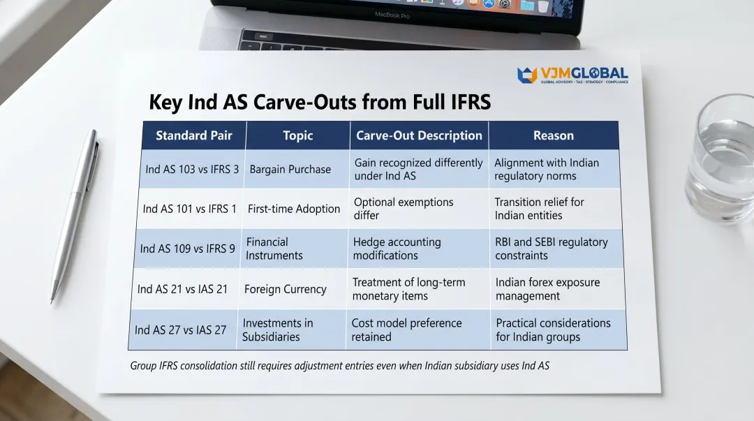 Ind AS carve-outs from full IFRS comparison table with key differences and reasons