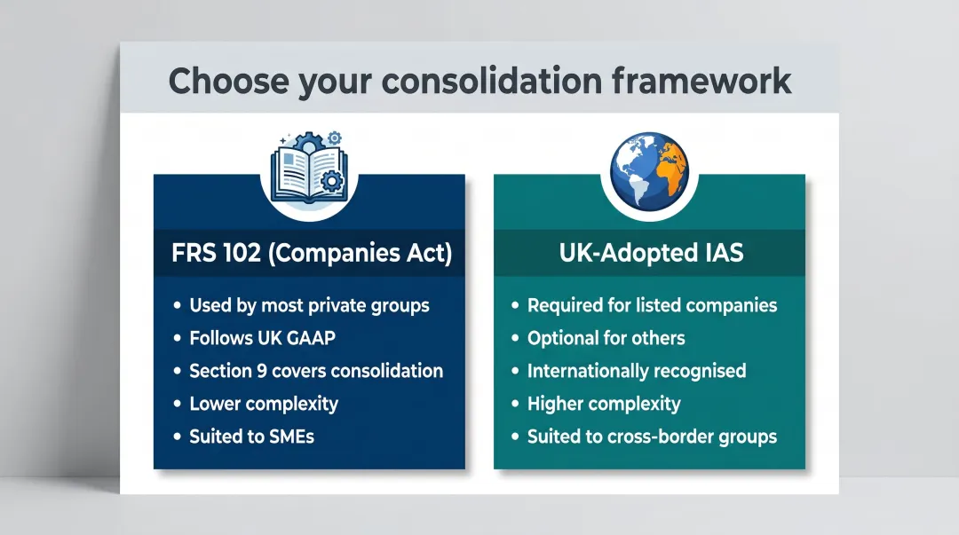 FRS 102 versus UK-adopted IAS accounting framework comparison for consolidated accounts