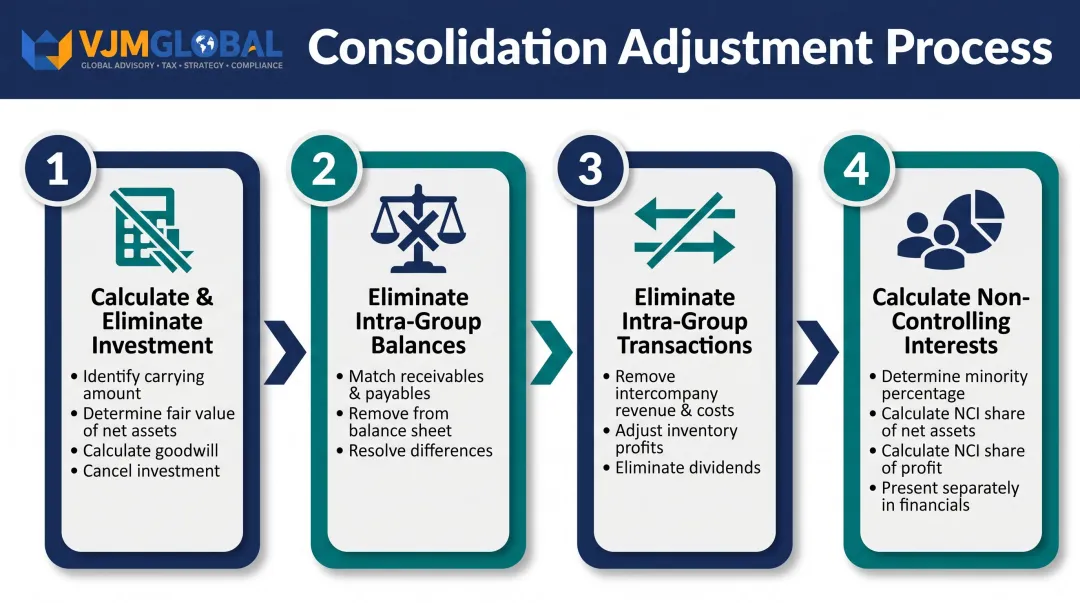 Four-step consolidation adjustment process flow from investment elimination to non-controlling interests