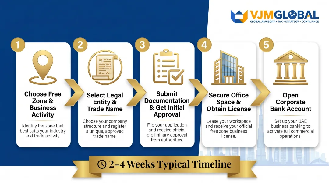 5-step Dubai free zone company registration process for Singapore businesses infographic