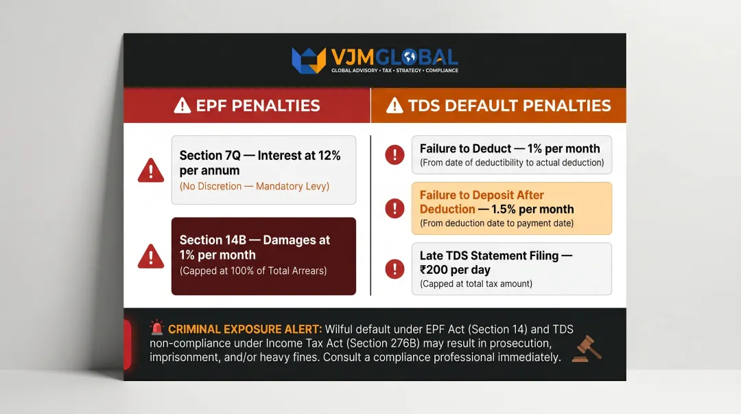 Indian payroll non-compliance penalty framework EPF and TDS default rates breakdown