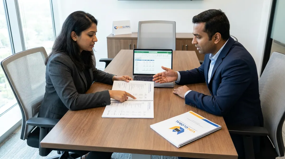 Finance director and external auditor reviewing company accounts in modern office meeting room