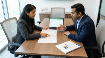 Finance director and external auditor reviewing company accounts in modern office meeting room