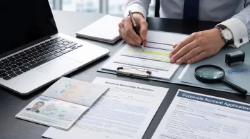 Irish corporate bank compliance officer reviewing AML documentation for account setup