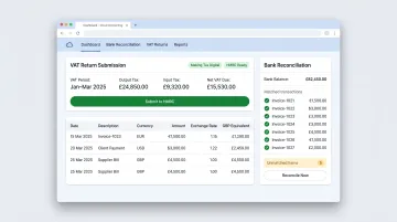 Xero accounting dashboard displaying MTD VAT submissions and multi-currency transactions