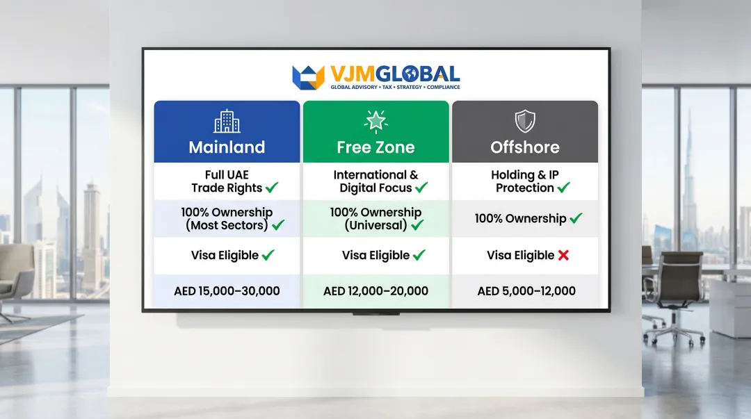 Dubai business structure comparison Mainland Free Zone Offshore features and costs