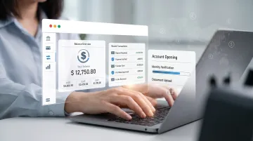 Remote business owner using laptop to open US bank account online