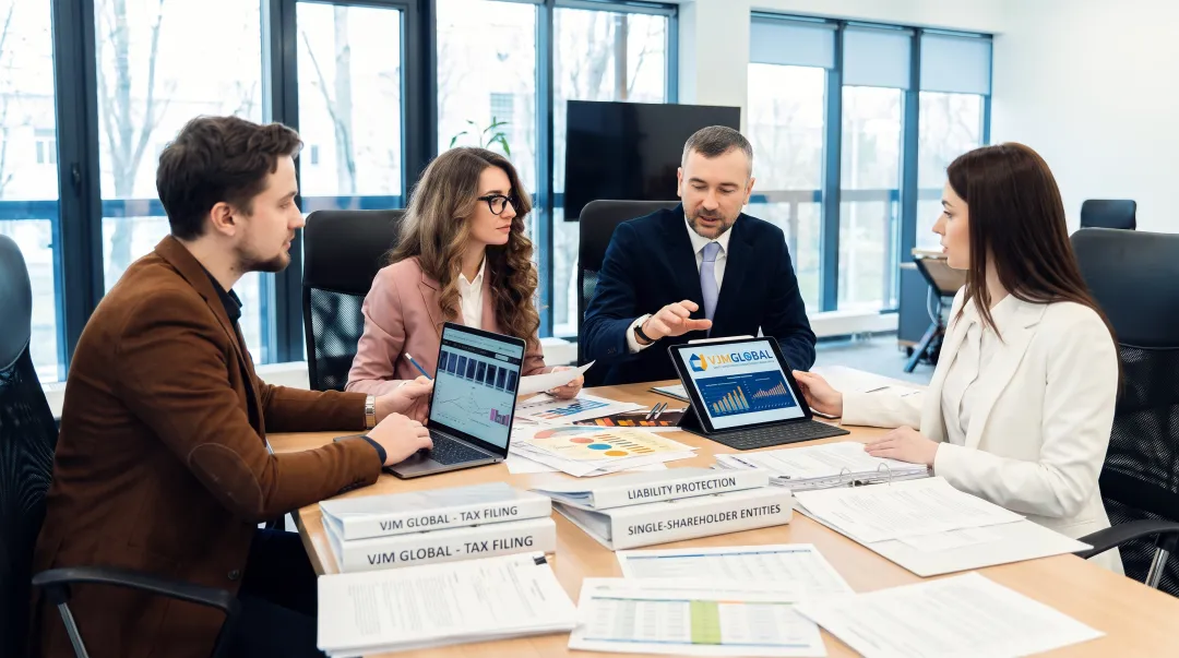 Cross-border accounting team reviewing annual audit compliance documents