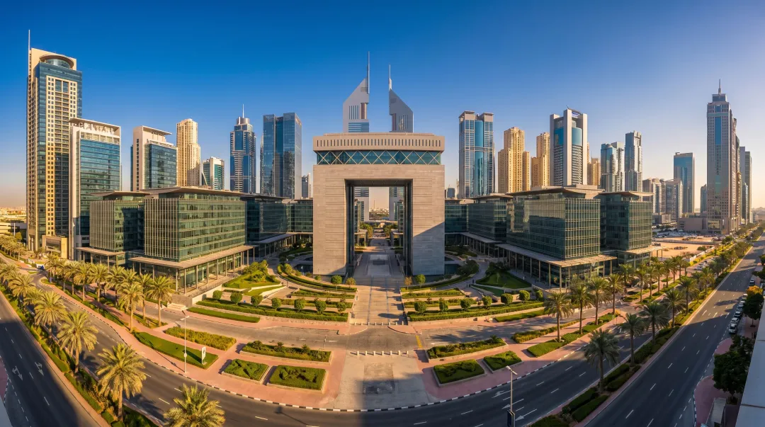 Dubai free zone business district skyline featuring DMCC and DIFC financial towers