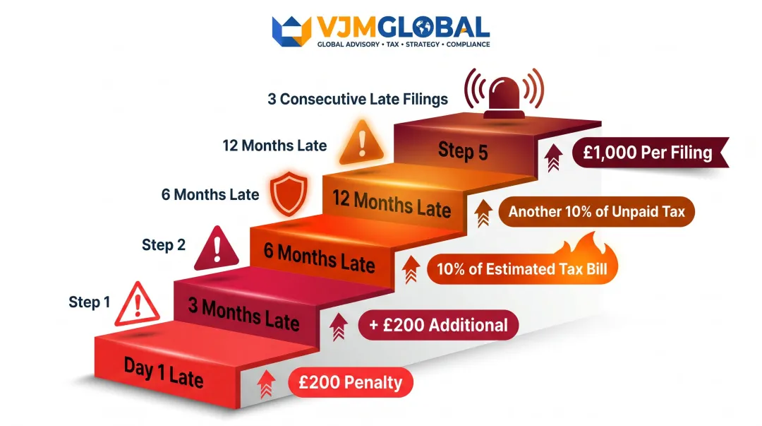 UK Company Tax Return late filing penalty escalation schedule from day one to twelve months