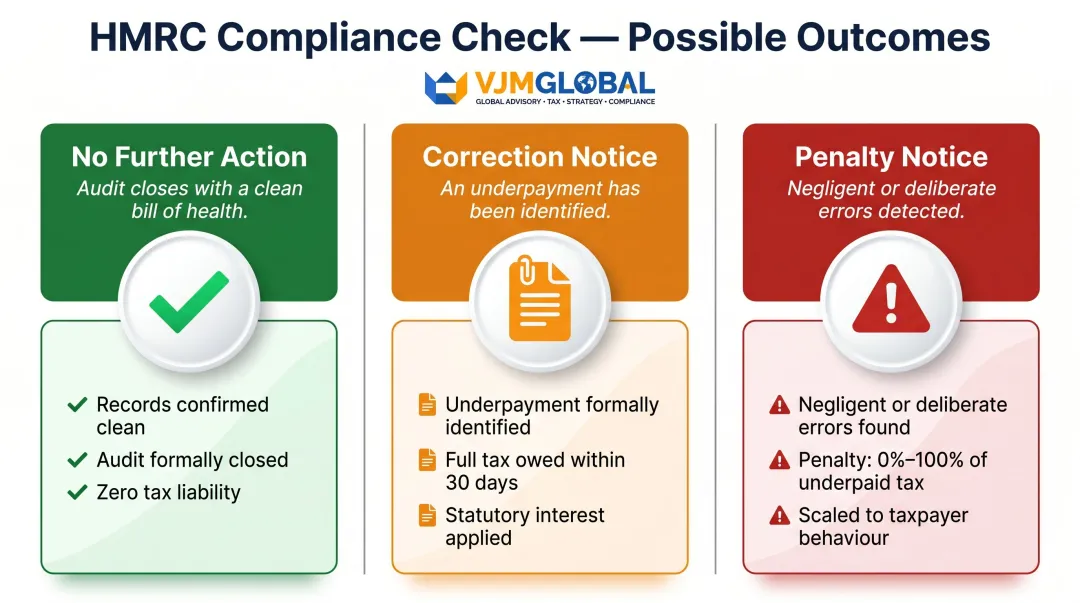Three possible HMRC audit outcomes comparison chart with penalties and next steps