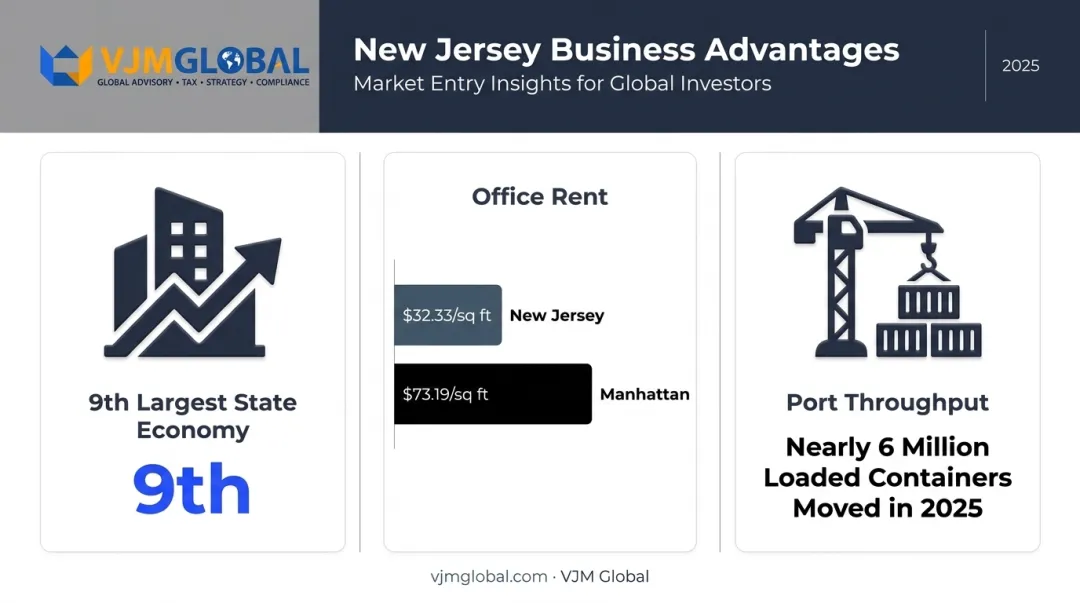 New Jersey economic advantages comparison chart with GDP rent and port data