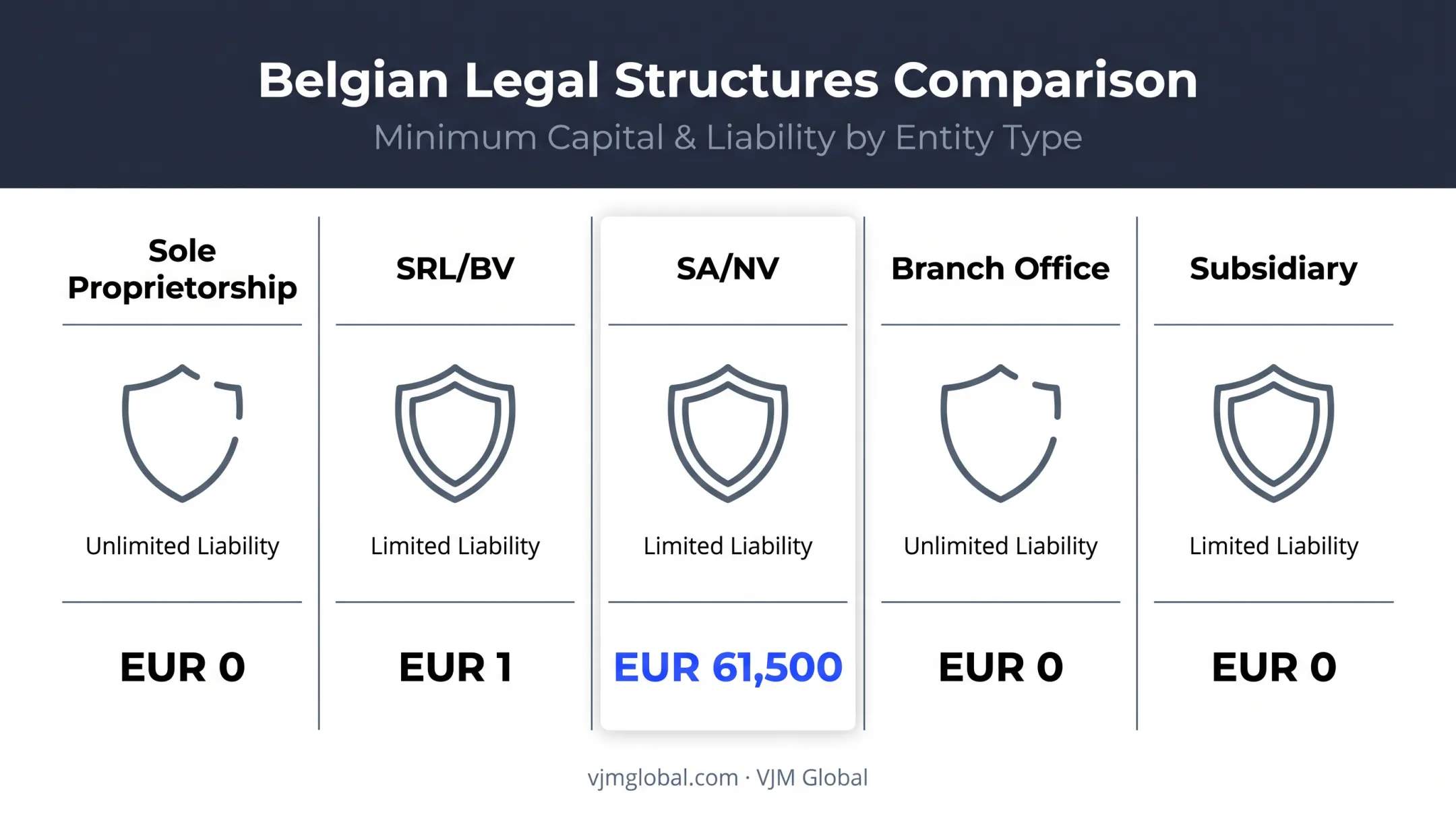 Belgium business structures comparison by capital and liability requirements