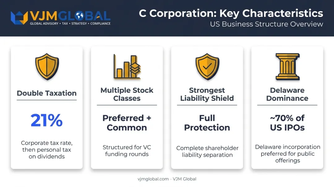 C Corporation key characteristics double taxation venture capital and Delaware dominance infographic