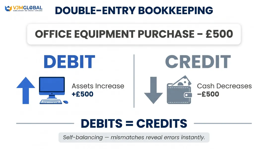 Double-entry bookkeeping debit and credit transaction recording explained visually